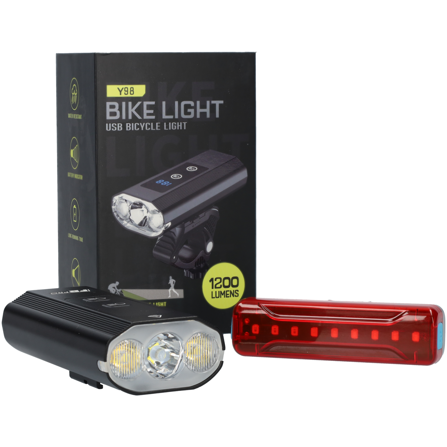 Voorlamp en achterlamp combi deal - Fiets verlichting - Voorlicht met 1200 Lumen - Achterlicht met 3,7V